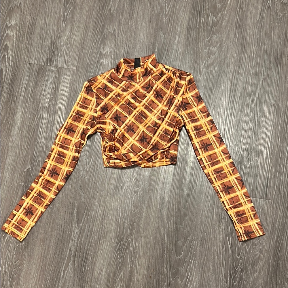 Plaid Long Sleeve Crop Top - Orange